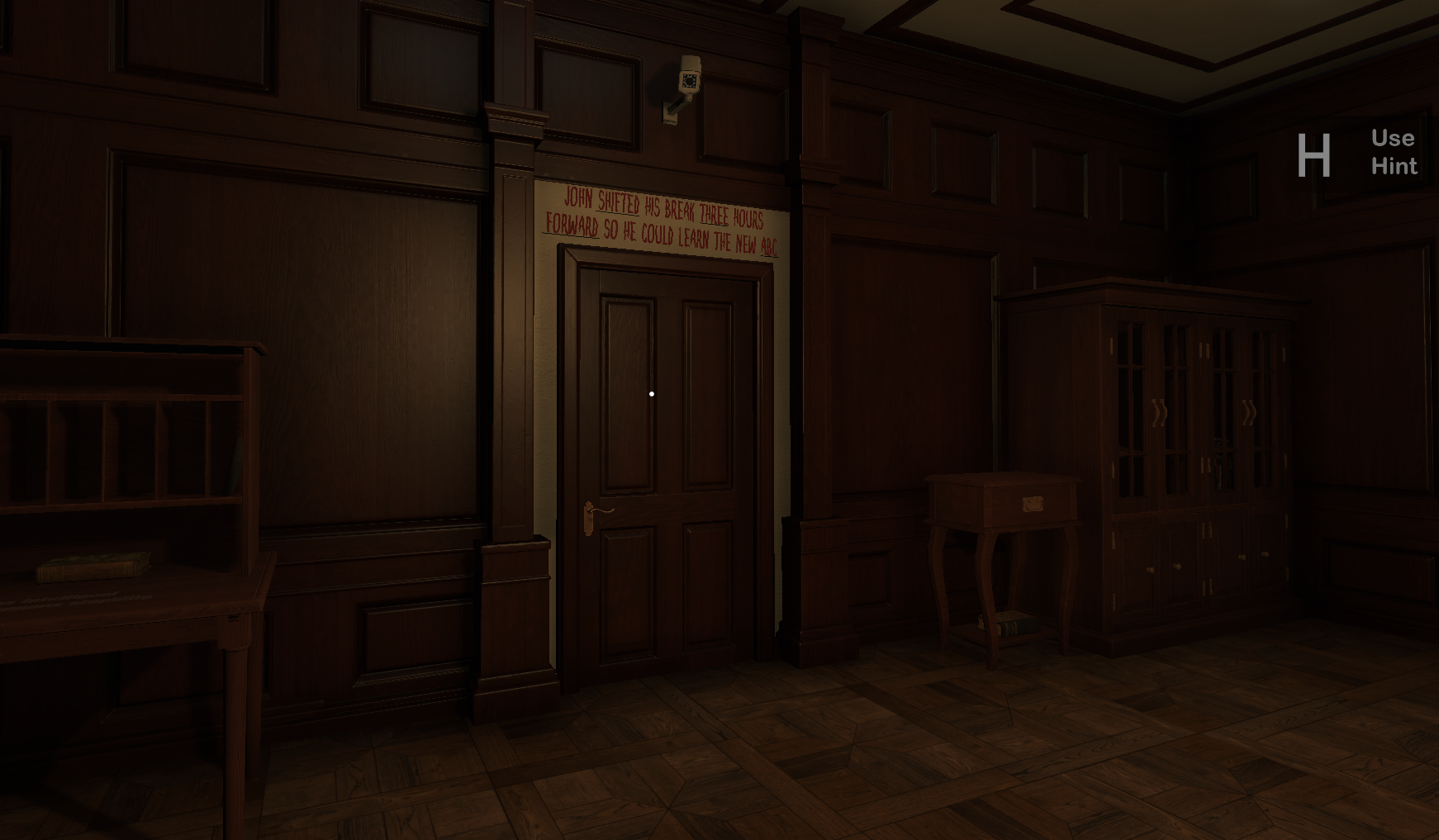 A door in a wood-paneled room, a security camera above, with the following phrase written in red: John Shifted His Break Three Hours Forward So He Could Learn The New ABC