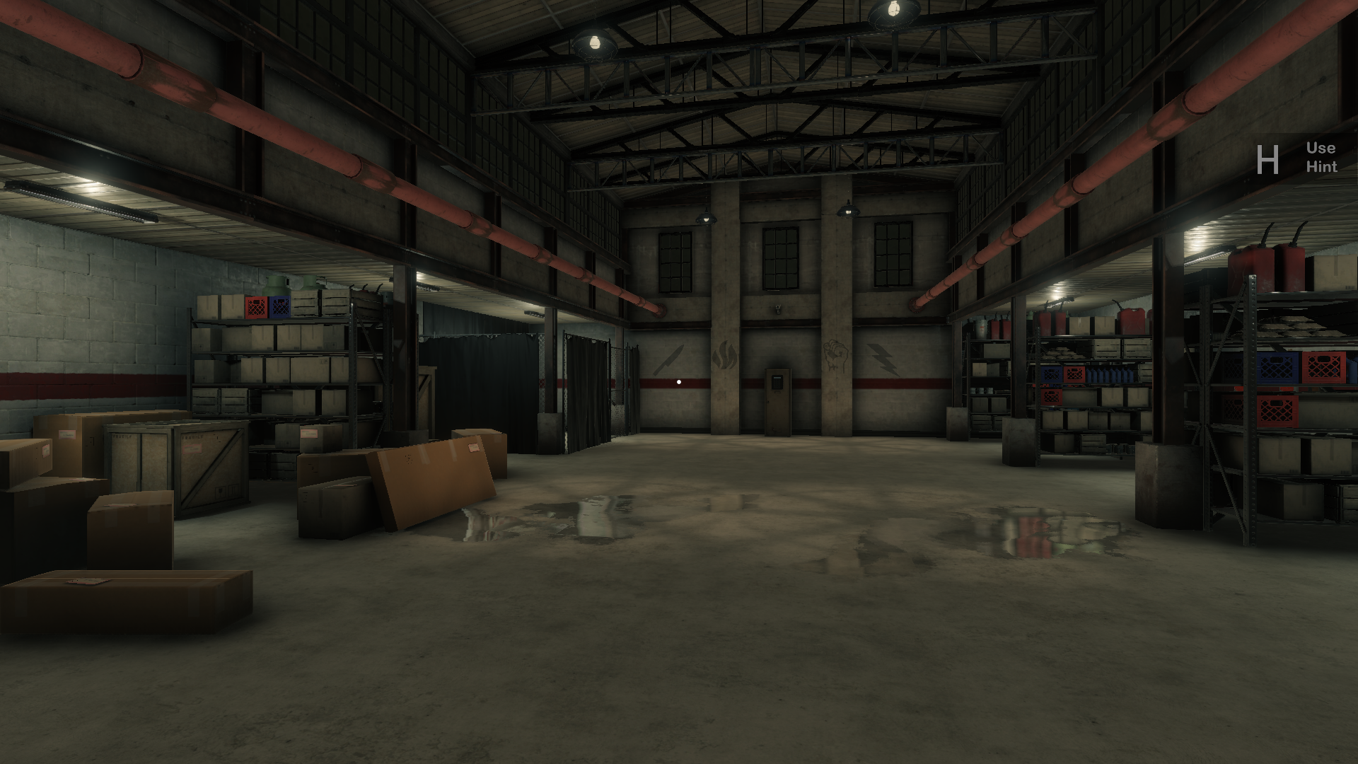 3D Environment showing a warehouse, possibly for a shipping company based on the piles of cardboard boxes with large white labels to the left. Strange symbols mark the far wall.